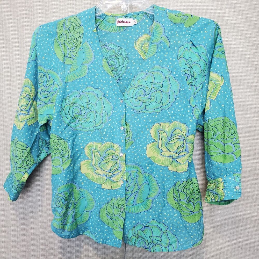 Fabindia Cotton Blend Floral Dots 3/4 Sleeve Button-Up Shirt Size Medium